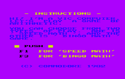 Speed Math & Bingo Math title screen for Vic-20